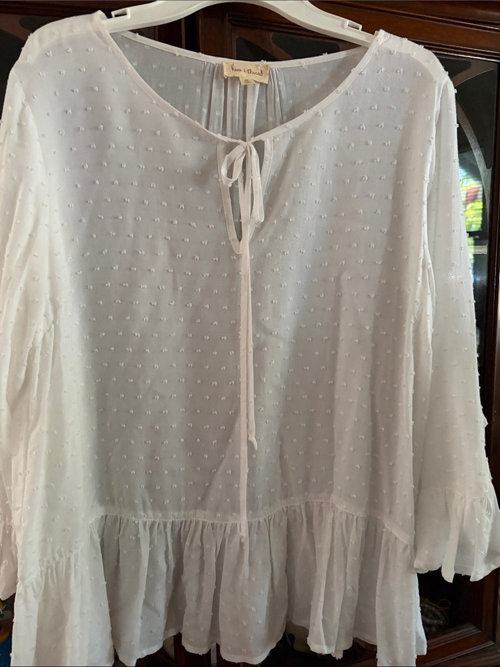 Hem & Thread White Swiss Dot Tie-Neck Ruffle Tunic Blouse